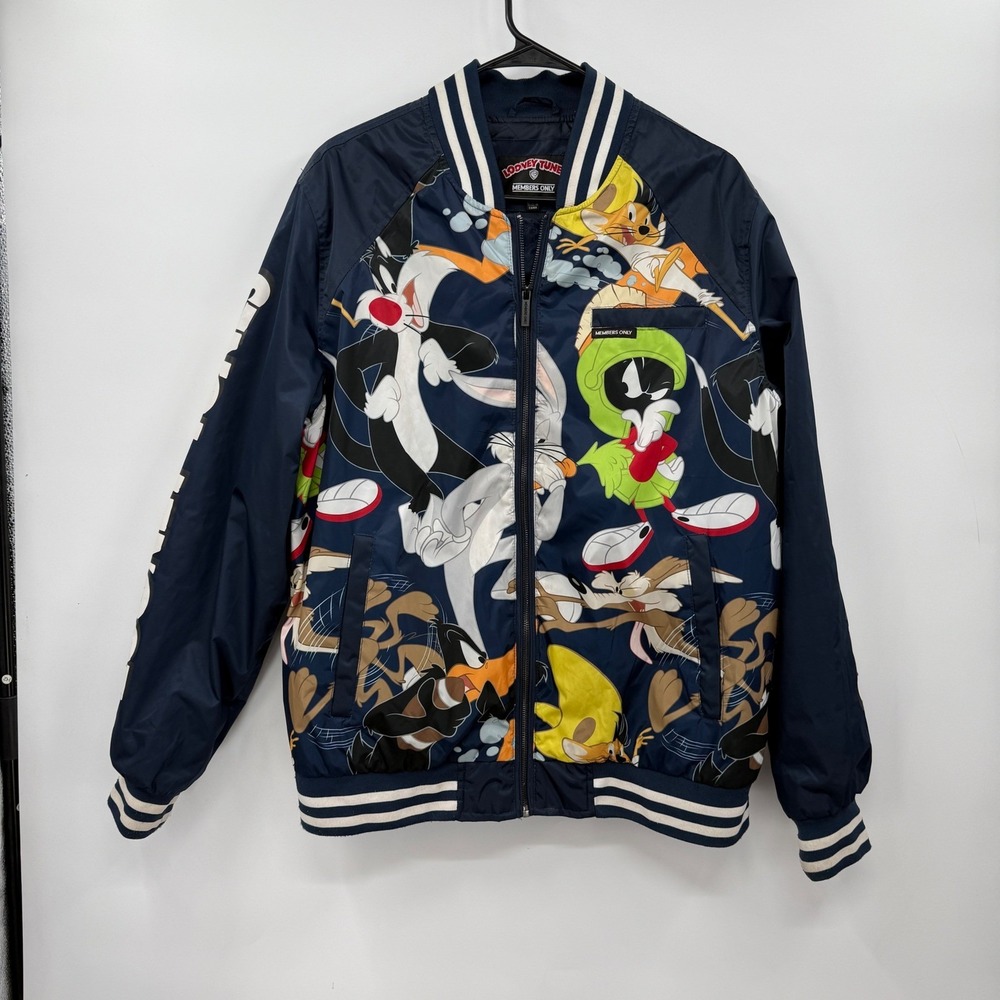 Looney Tunes Members Only Bomber Jacket‎ Cartoon Character Graphic Navy Blue L